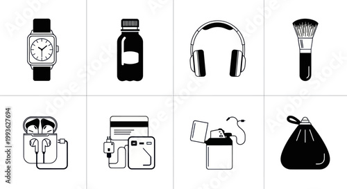 Set of Gadgets and Accessories Icons: Watch, Headphones, Makeup Brush, Earbuds, Power Bank