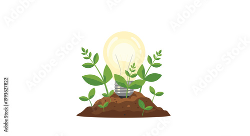 A luminous glass lightbulb emerges from a mound of fertile brown soil while vibrant green leaves sprout vigorously against a clean white background.