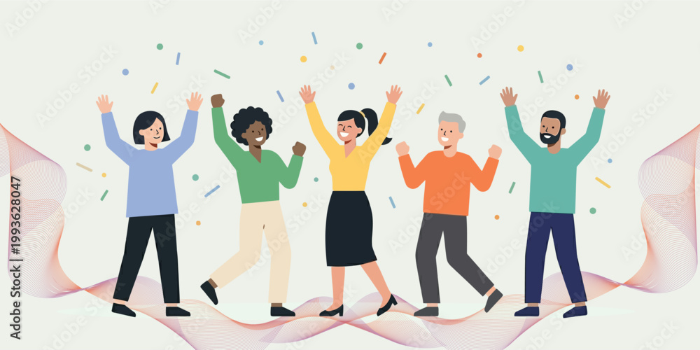 Obraz premium Happy group of multiracial people dancing and celebrating with colorful confetti.
