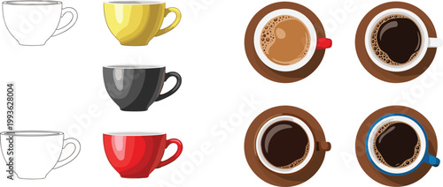 Coffee Cups Collection with Different Mug Styles and Top View Hot Beverages for Cafe Menu, Drink Design, and Morning Coffee Illustration