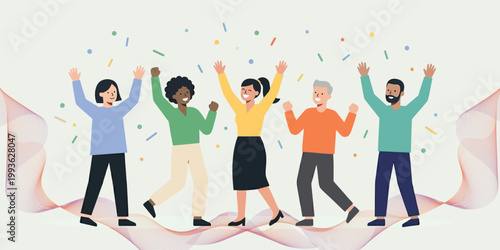 Happy group of multiracial people dancing and celebrating with colorful confetti.