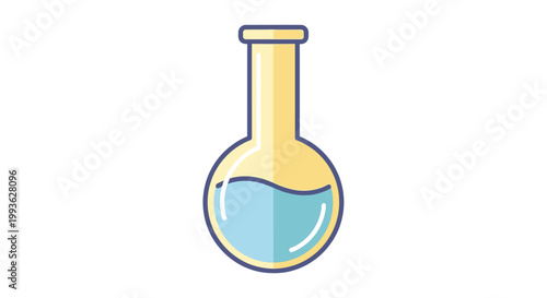 Simple Flat Icon of a Round Bottom Flask with Blue Liquid.