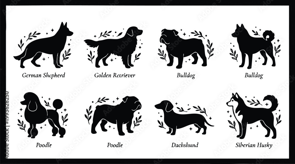 Fototapeta premium Black silhouettes of eight different dog breeds with labeled names in serif font
