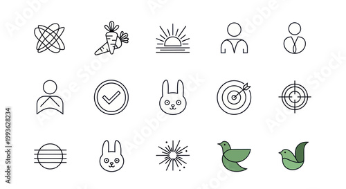 Set of simple line icons: abstract shapes, carrot, sunrise, people, checkmark, bunny, target, spark
