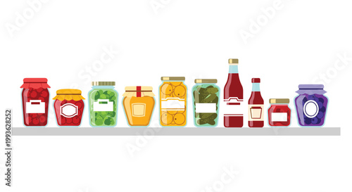 A diverse collection of glass jars filled with colorful preserved fruits and vegetables sits neatly arranged on a long grey shelf against white space.