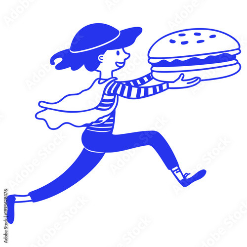 Woman in Hat Running with Burger Cartoon