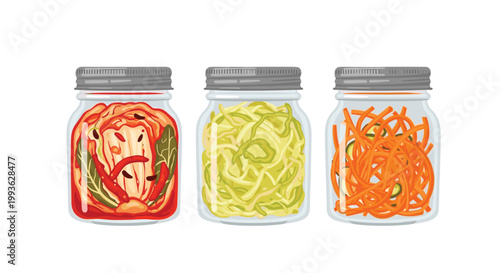 Three transparent glass jars with silver metal lids showcase vibrant fermented foods including spicy red kimchi and shredded green cabbage on a white background.