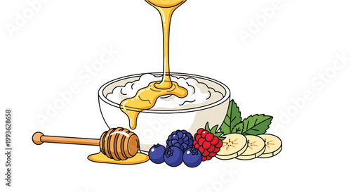 Golden honey pours in a thick stream onto a bowl of white yogurt accompanied by fresh blueberries raspberries and sliced bananas on a white surface.