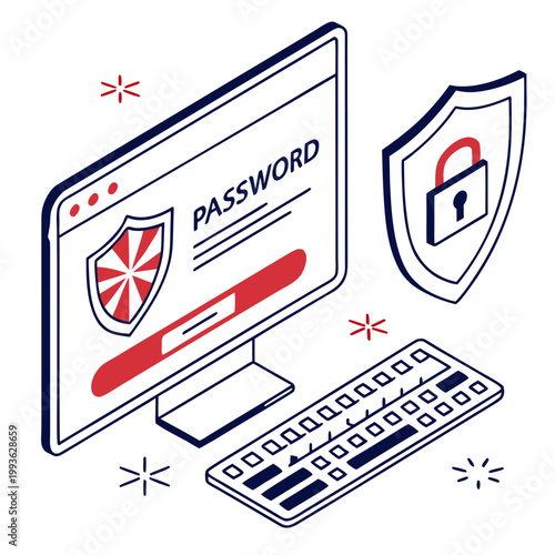 Digital security concept with password entry on screen and shield icon, password