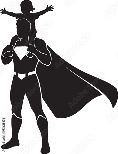 Superhero father silhouette carrying child on shoulders, black and white vector of dad as hero with cape, family protection and strength concept