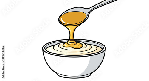 A polished silver spoon pours a thick stream of translucent golden honey into a white ceramic bowl filled with smooth creamy organic yogurt or custard.