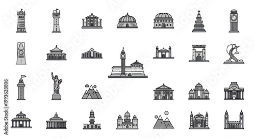 Vector Icons of Famous Landmarks and Buildings Collection, Monochrome Design