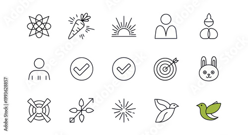 Vector Icons Set: Abstract Shapes, Food, Sunrise, People, Animals, Targets, Symbols