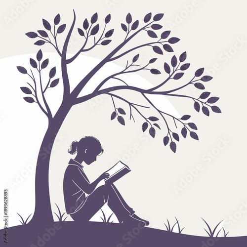 Silhouette of a young girl sitting under a tree reading a book with silhouette