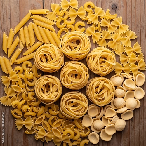 Assortment of Various Pasta Shapes on Wooden Surface.