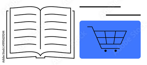 Education, e-commerce, online learning, digital economy, content consumption, mobile apps. An open book and shopping cart icon side by side. Education and e-commerce combined in a conceptual design