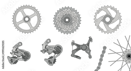An assortment of individual bicycle components including various gears and a rear derailleur are displayed separately against a clean and bright white background.