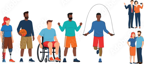 Diverse People and Inclusive Activities Collection with Wheelchair User, Sports, Jump Rope, and Social Interaction for Diversity, Equality, and Lifestyle Illustration