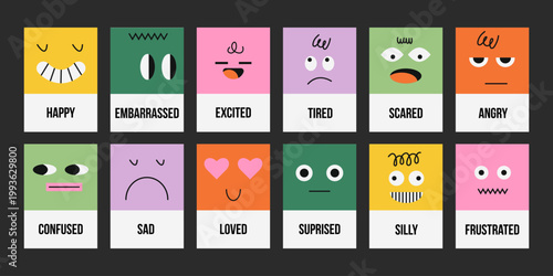 Colorful vector emotion cards set featuring abstract face characters labeled with different feelings. Educational emotional intelligence toolkit for kids, therapy, classrooms and social emotional lear