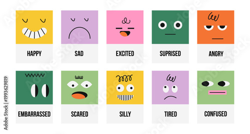 Colorful vector emotion cards set featuring abstract face characters labeled with different feelings. Educational emotional intelligence toolkit for kids, therapy, classrooms and social emotional lear