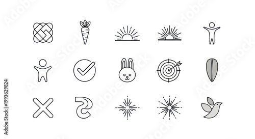 Collection of minimalist line art icons: growth, success, nature, and ideas