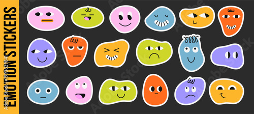 Colorful vector emotion cards set featuring abstract face characters labeled with different feelings. Educational emotional intelligence toolkit for kids, therapy, classrooms and social emotional lear