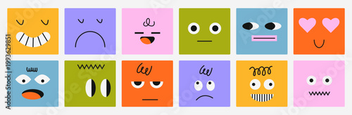 Colorful vector emotion cards set featuring abstract face characters labeled with different feelings. Educational emotional intelligence toolkit for kids, therapy, classrooms and social emotional lear