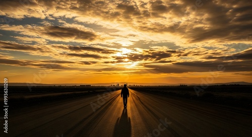 Scenic sunset landscape with solitary walker on dusty trail surrounded by glowing horizon
