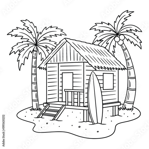 Surfboard Tropical Beach Island House Line Art Illustration