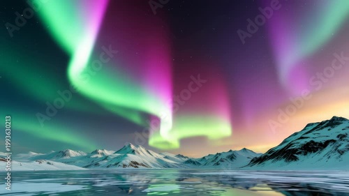 Vivid green, purple, and pink aurora illuminating night sky over distant mountains, twilight hues mixing above icy land. Concept of planetary phenomena and cosmic wonder