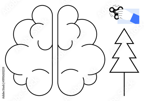 Creativity, relaxation, focus, stress relief, mindfulness, mental clarity. Outline of a brain, fidget spinner in hand and a tree illustration. Creativity and relaxation visually