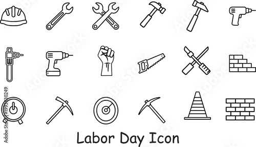 Construction tools and equipment line icons set