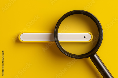 Searching, Magnifying glass, Web browser, Blank search bar on yellow background, Search Bar for UI, Finding work on www, Find ideas as a reference