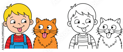 Cartoon Boy and Pet Cat Sticking Out Tongues Vector Set Colorful and Line Art Version for Coloring Book