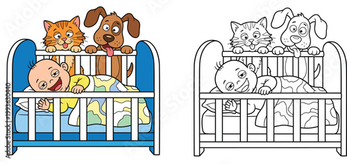 Cartoon Baby in Crib with Dog and Cat Vector Illustration Set, Color and Line Art Versions for Kids Coloring Book Page Drawing