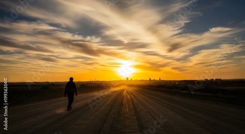 Lone silhouette walking along a dusty road under glowing sunset sky creating a dramatic atmospheric scene