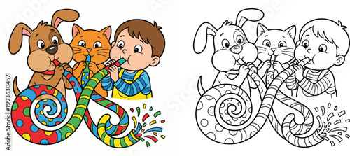 Cartoon Boy Dog and Cat Celebrating with Party Whistles Vector Set, Color and Line Art Versions for Kids Coloring Book Illustration