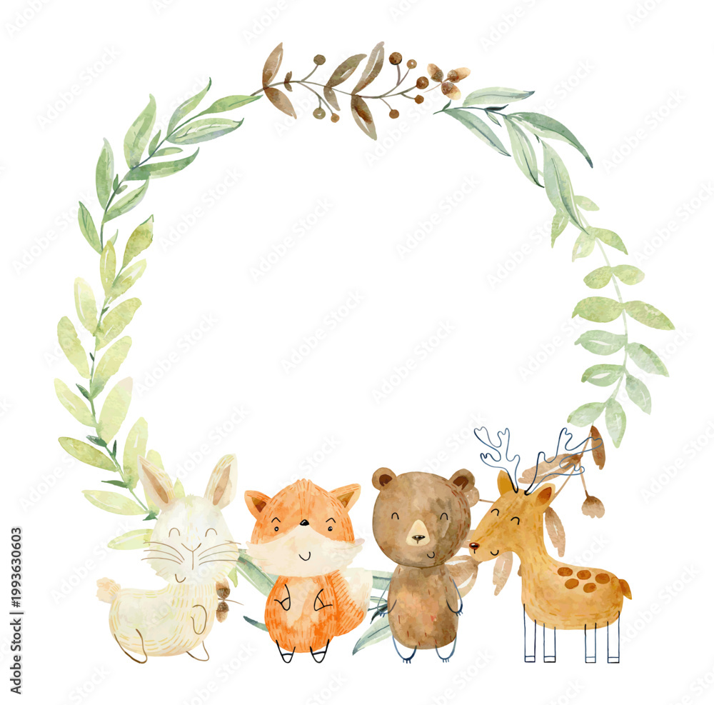 Fototapeta premium Baby shower card. Vector watercolor woodland card with animals.
