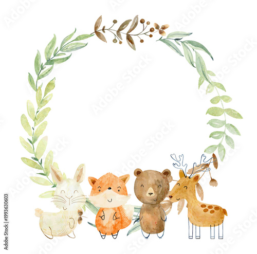 Baby shower card. Vector watercolor woodland card with animals.