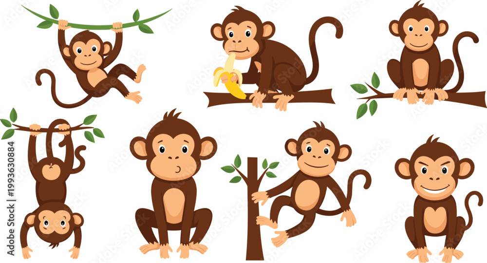 Obraz premium Set of Cute Monkey Illustrations in Various Poses with Bananas and Branches for Wildlife, Fun, and Jungle Designs, Vector Art