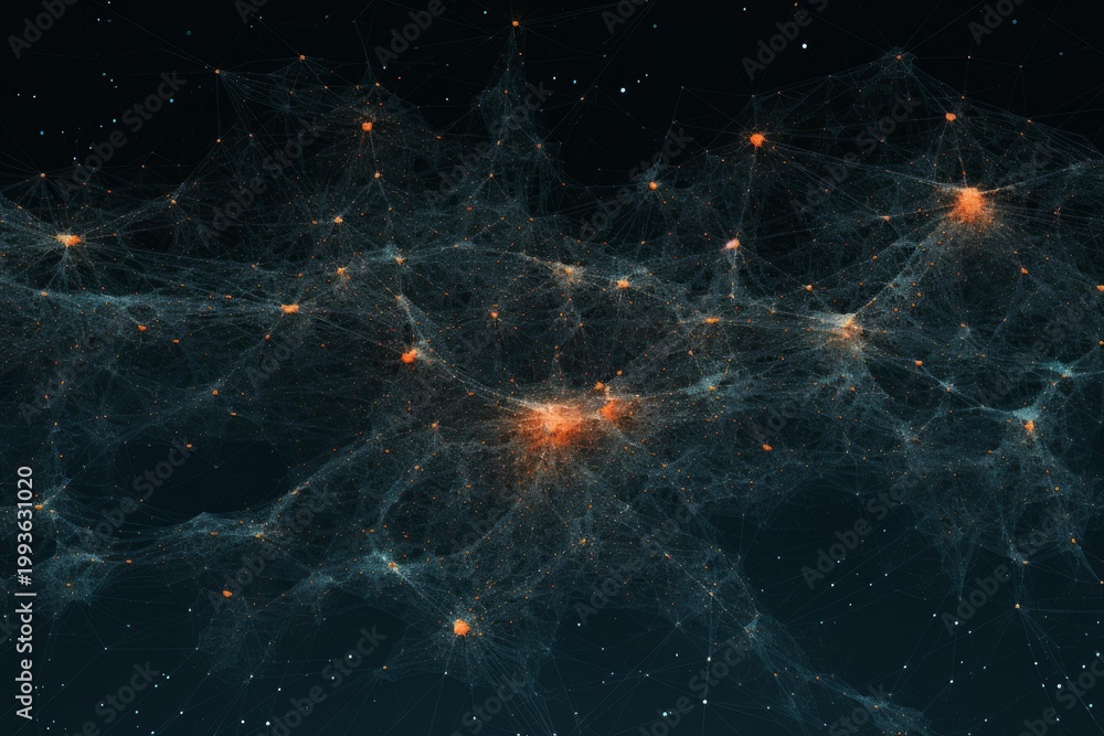 Fototapeta premium Abstract network creating connections between glowing data nodes on a dark background
