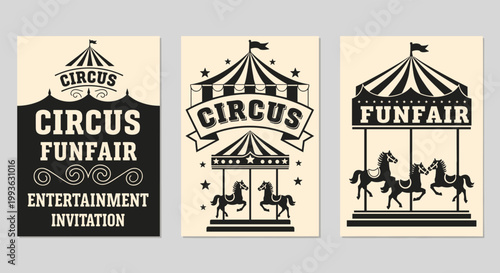 Vintage circus and funfair posters featuring big top tents and carousel horses with a classic retro entertainment theme.
