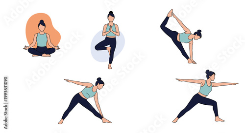 Set of women performing various yoga poses including tree pose and triangle pose for fitness and wellness concepts.