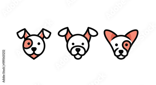 Three minimalist dog head logos with unique ear shapes and spots represent different canine breeds in a simple line art style.