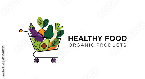 Healthy food concept with a shopping cart filled with fresh organic vegetables like avocado, eggplant, and carrots.