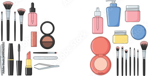 Makeup and Cosmetic Tools Collection with Brushes, Lipstick, Mascara, Powder, and Skincare Bottles for Beauty Routine, Salon, and Personal Care Illustration