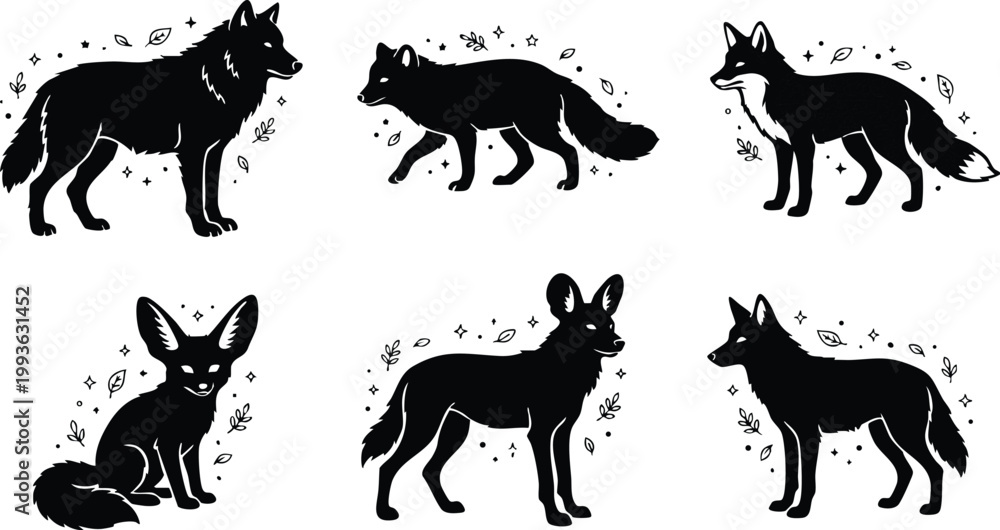 Obraz premium Black and white fox and wolf silhouettes with leaves and sparkles vector art