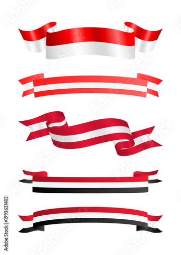 Iraq flag vector set, Iraqi national colors ribbon and banner collection, red white and black tricolor with green calligraphy for national day
