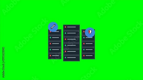 Animated server racks with wrench and shield icons representing database maintenance and security