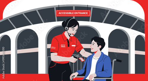 Accessible Entrance Assistance: Staff Helps Wheelchair User at Building Entrance